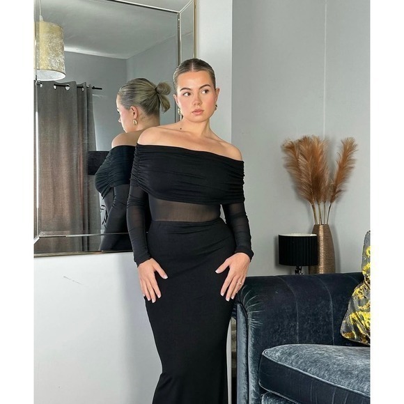 Commense Black Maxi Dress Off Shoulder Long Sleeve Evening Gown Party Dress XL - Picture 5 of 8